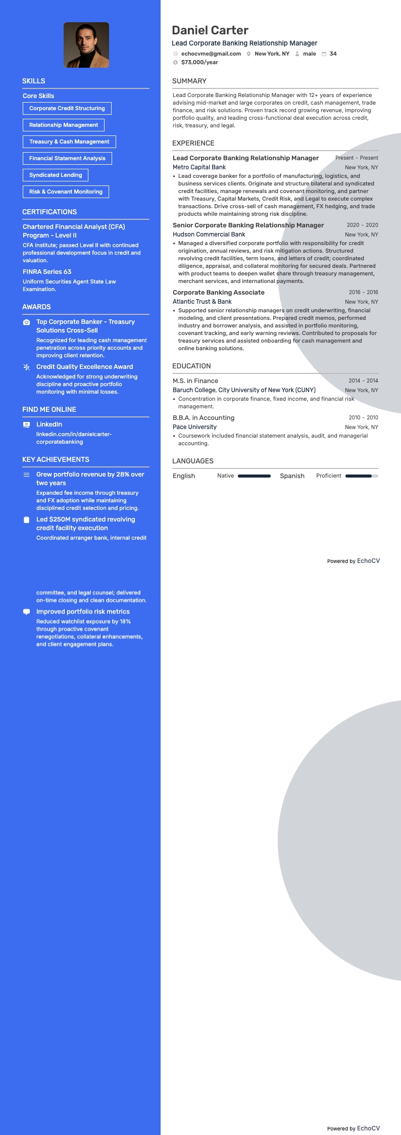 Gerente Principal de Relaciones de Banca Corporativa example resume
