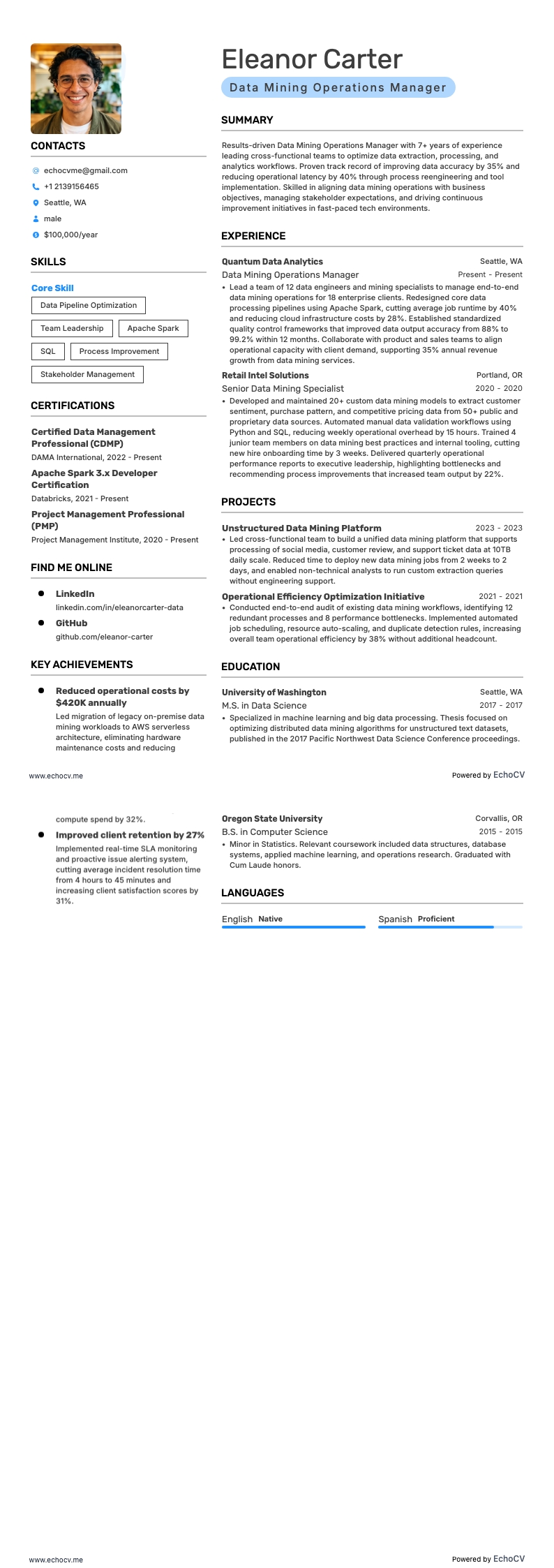 Data Mining Operations Manager example resume