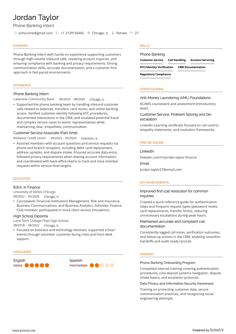 Phone Banking Intern example resume