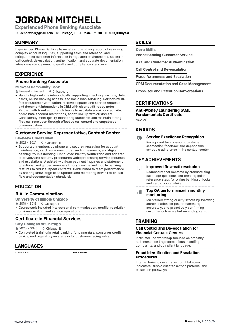 Experienced Phone Banking Associate full preview