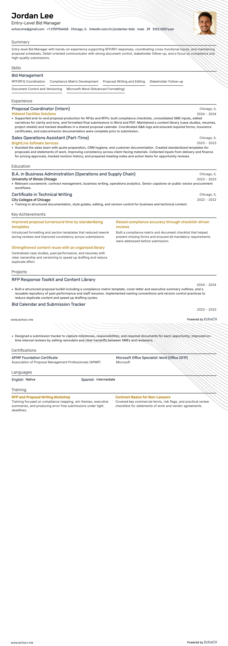 初級入札マネージャー example resume