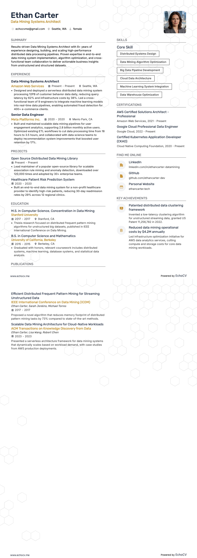 Data Mining resume example