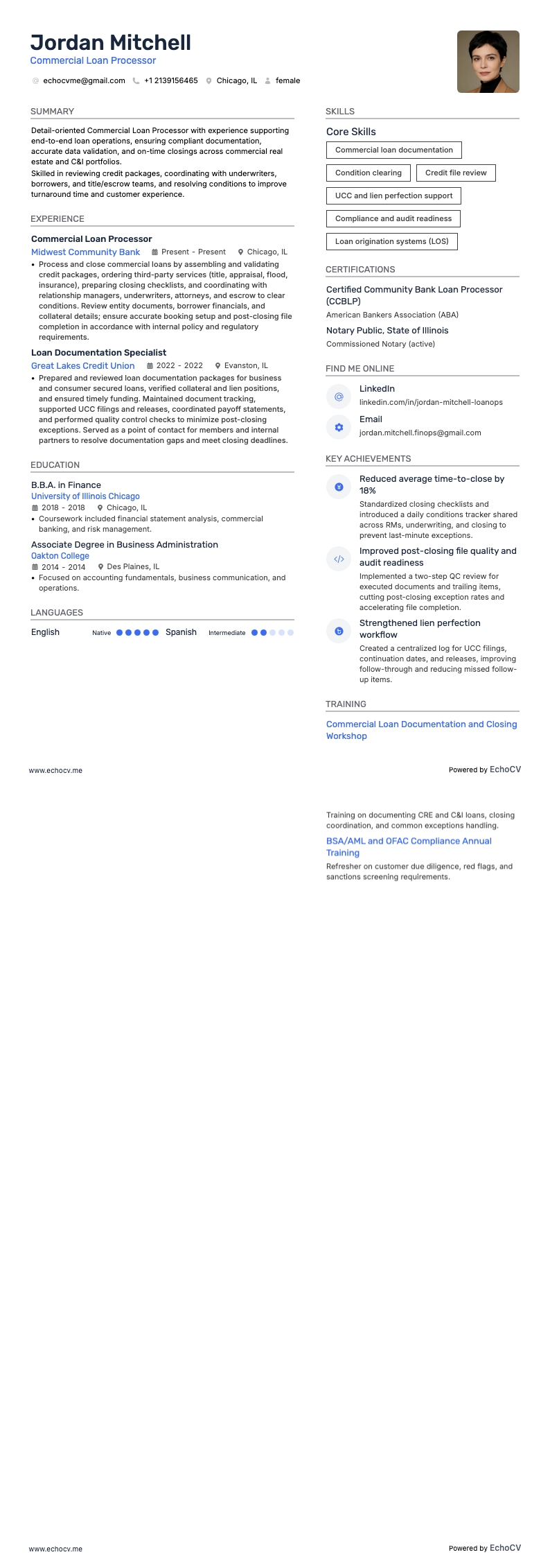 Medewerker commerciële leningen resume example