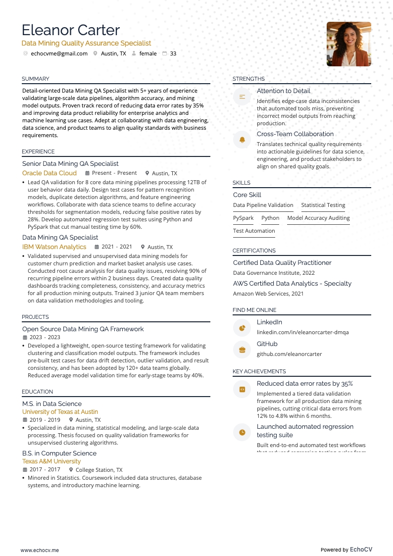 Data Mining Quality Assurance Specialist example resume
