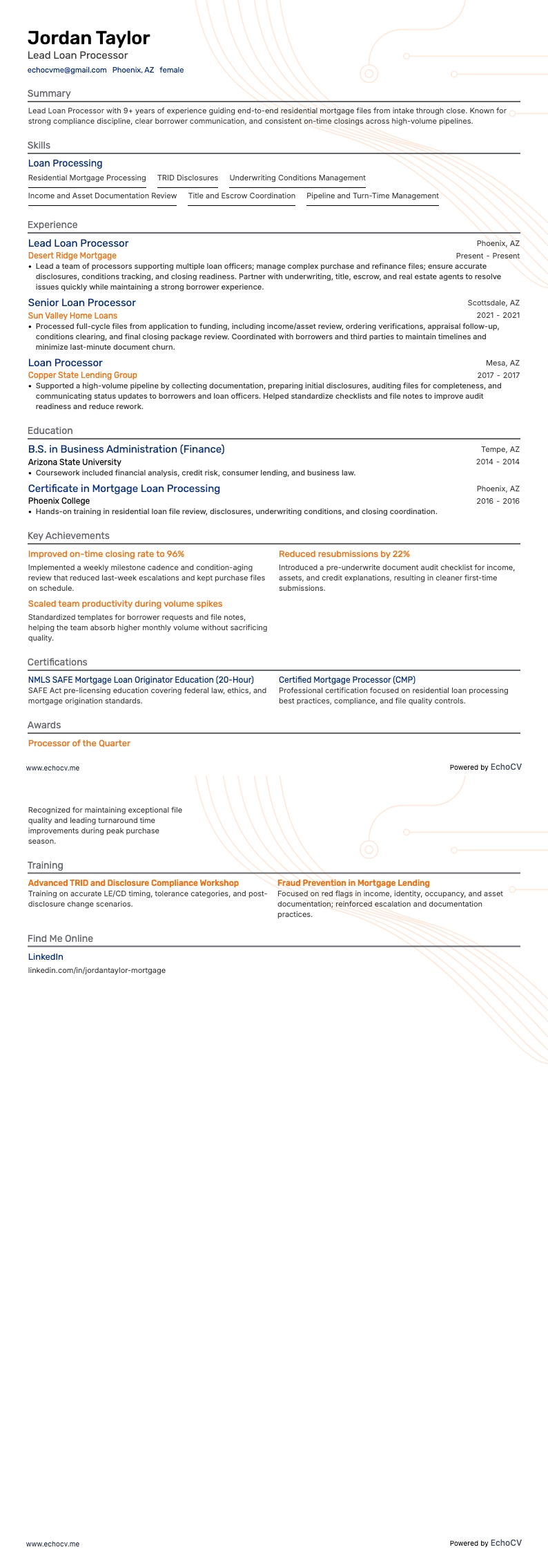 Senior leningenverwerker volledige voorbeeldweergave