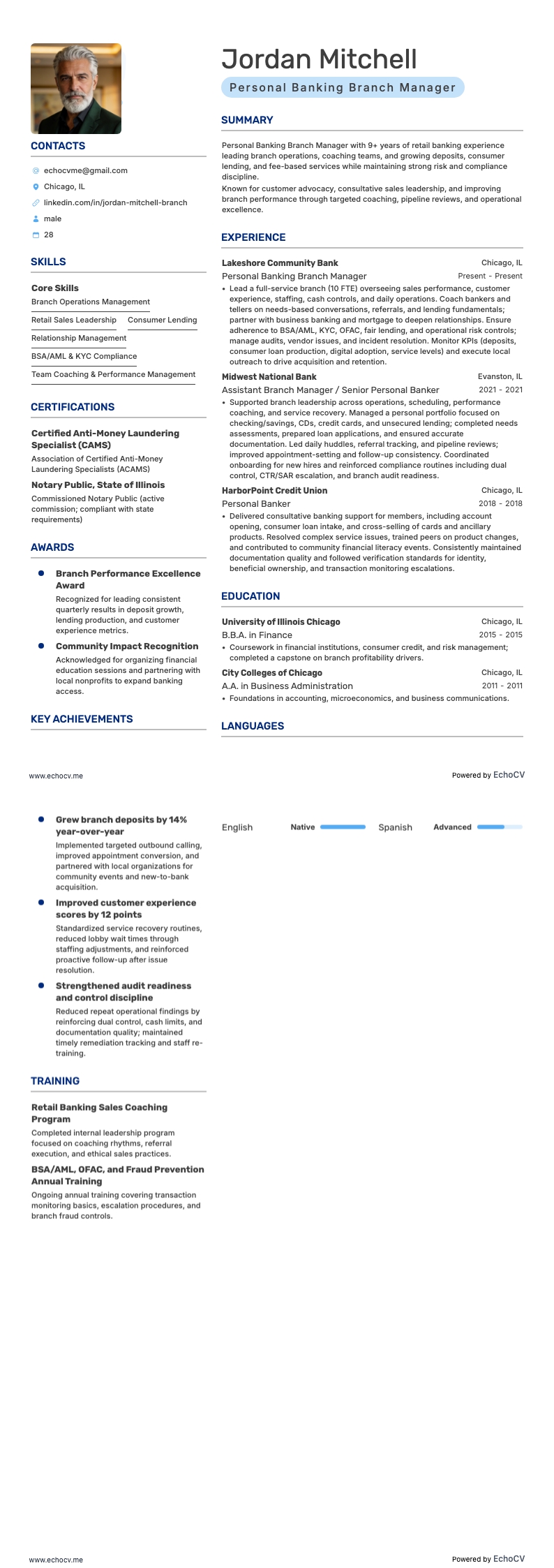Personal Banking Branch Manager example resume