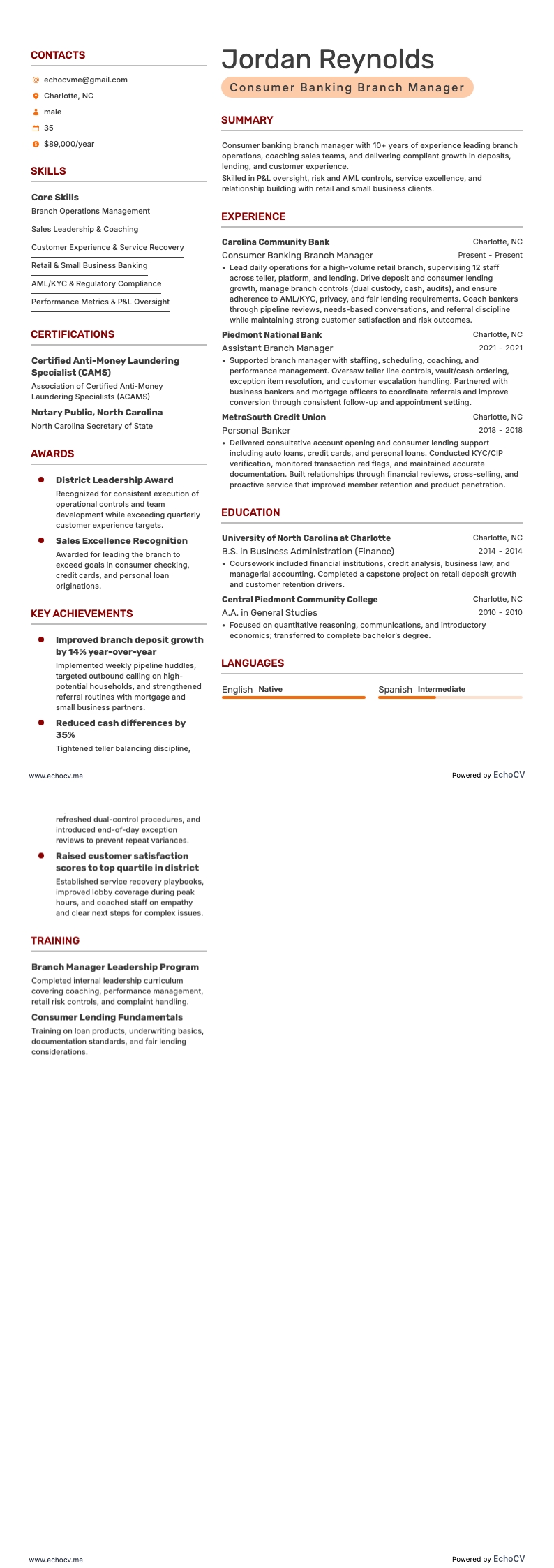 Consumer Banking Branch Manager example resume
