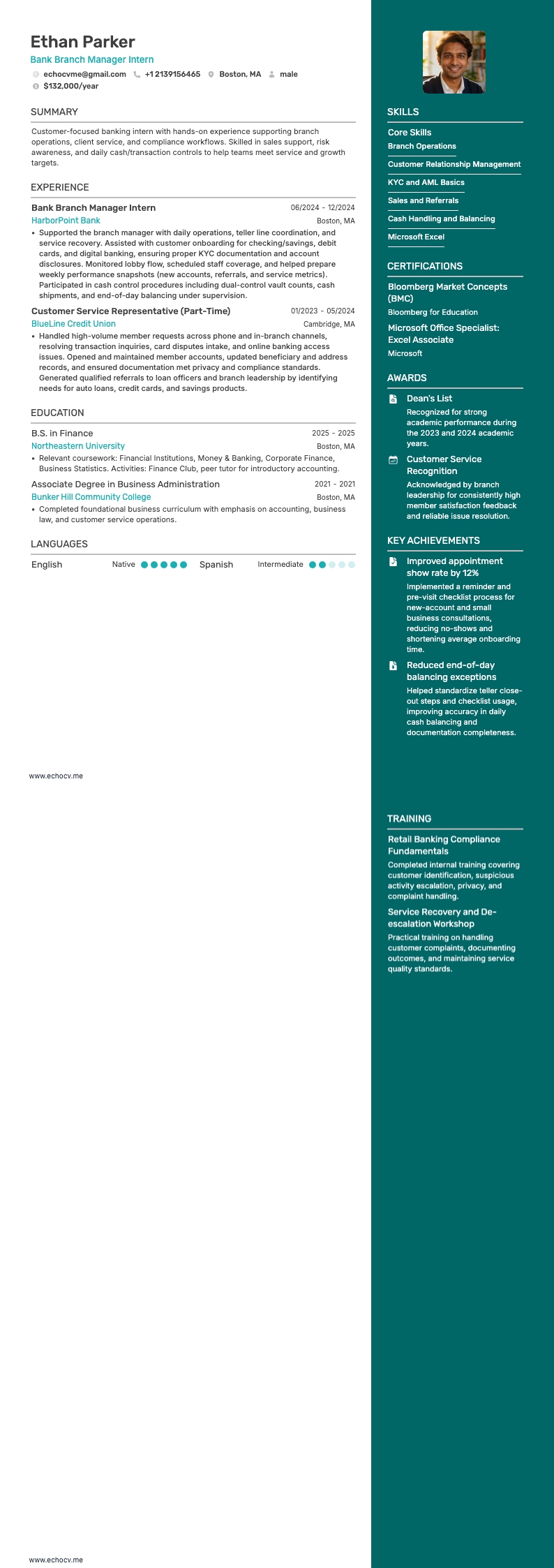 Bank Branch Manager Intern example resume