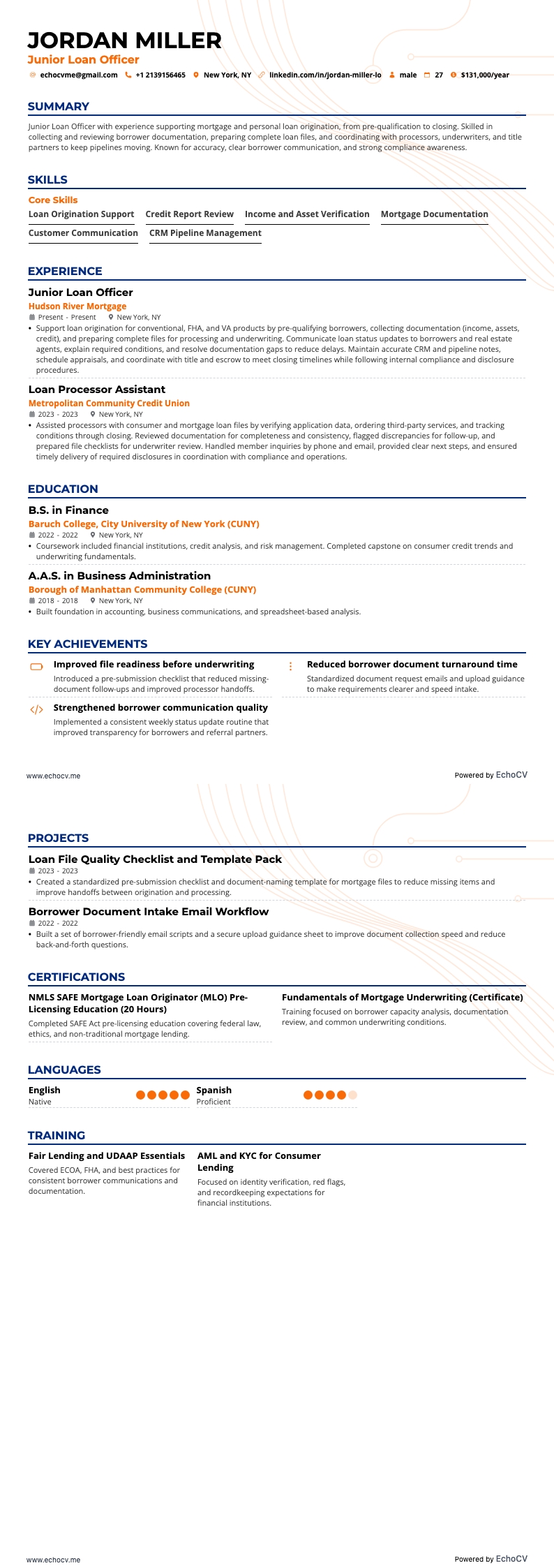 Agent de prêt junior example resume