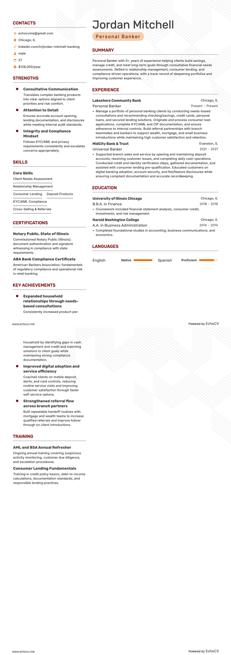 Chuyên viên ngân hàng cá nhân resume example