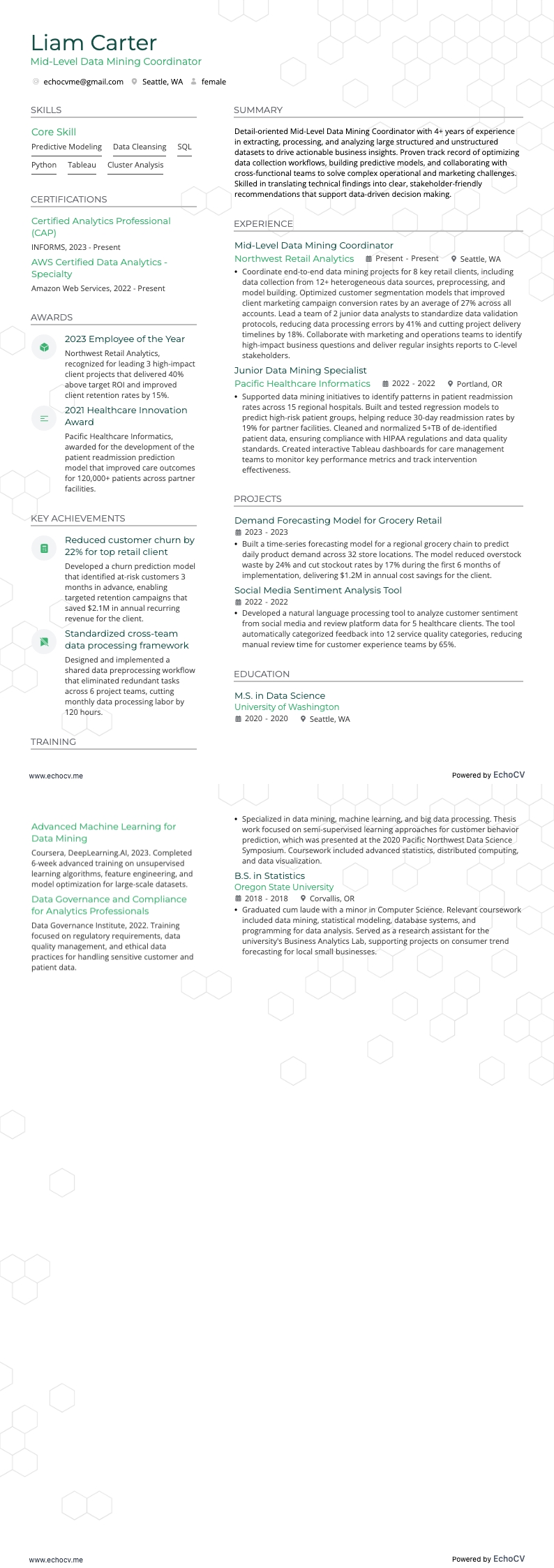 Mid-Level Data Mining Coordinator example resume