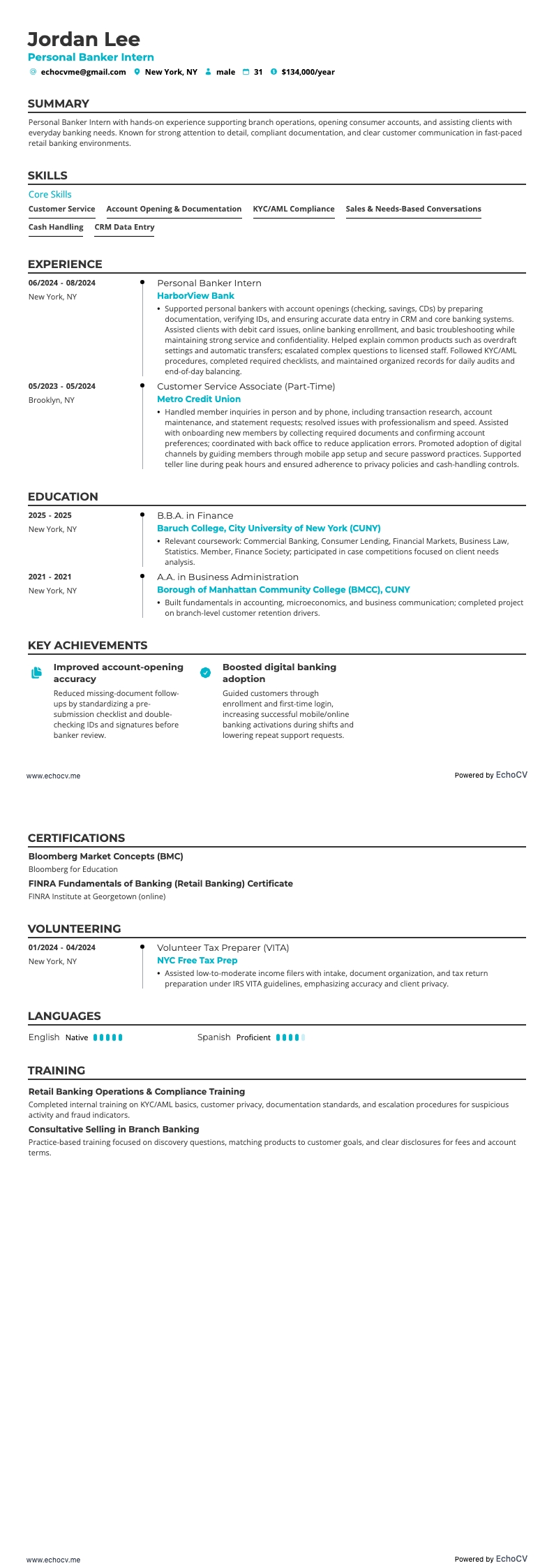 Thực tập sinh ngân hàng cá nhân example resume