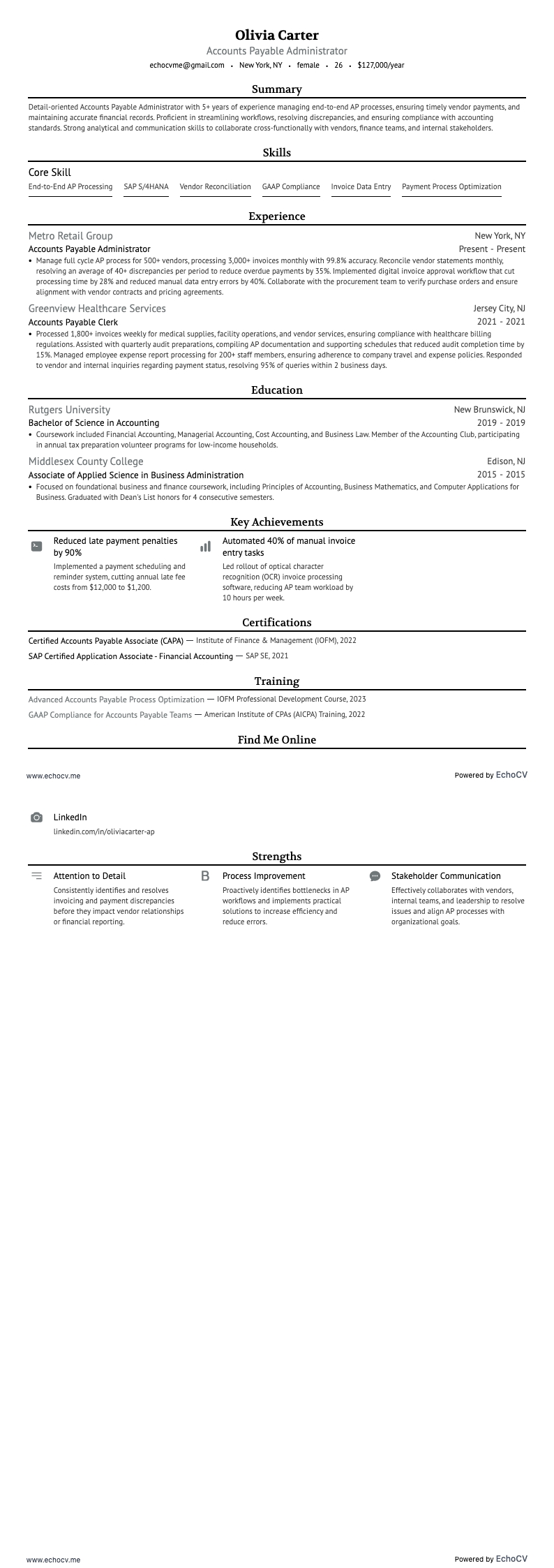 Administrador de contas a pagar example resume