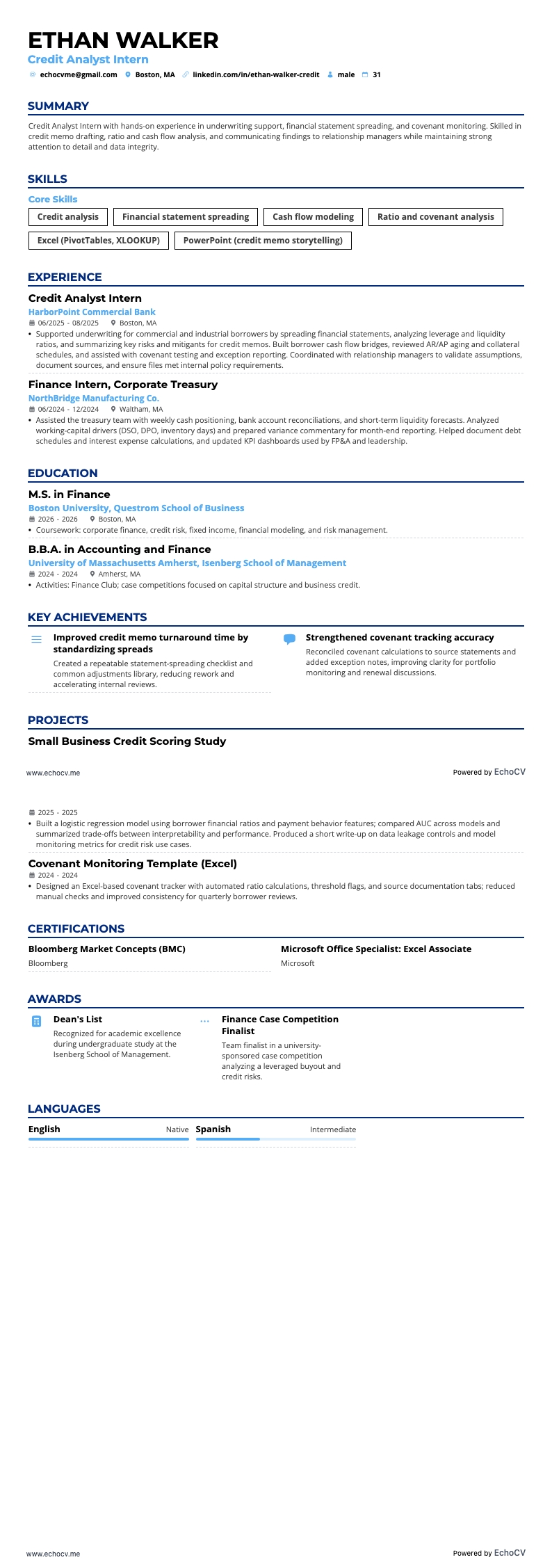 信贷分析师实习生 example resume