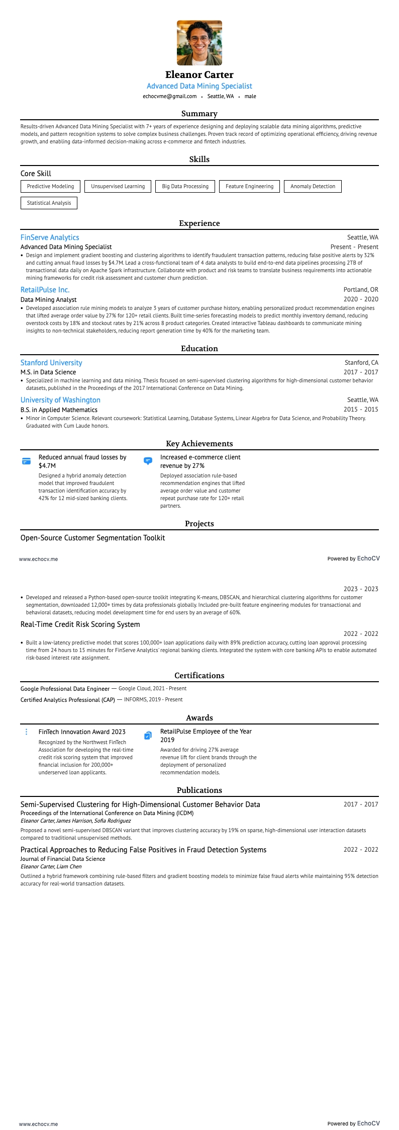 Advanced Data Mining Specialist example resume