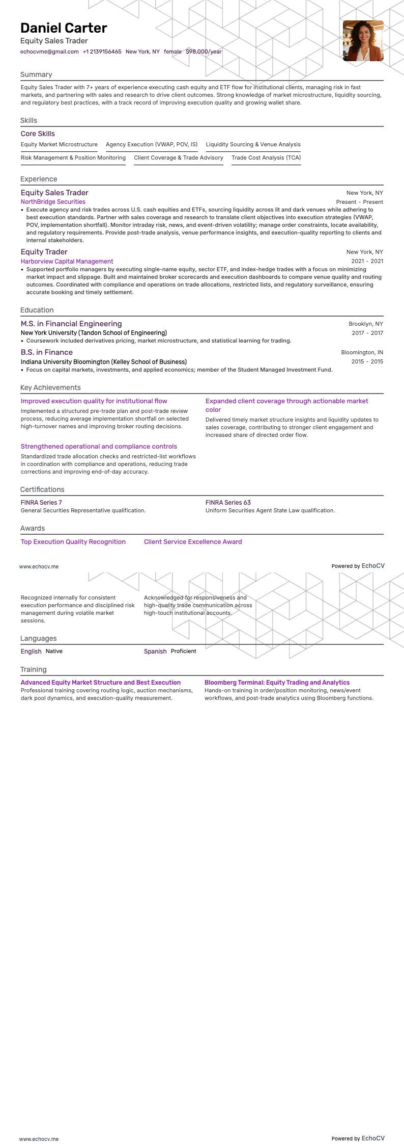 Trader de ventas de renta variable resume example