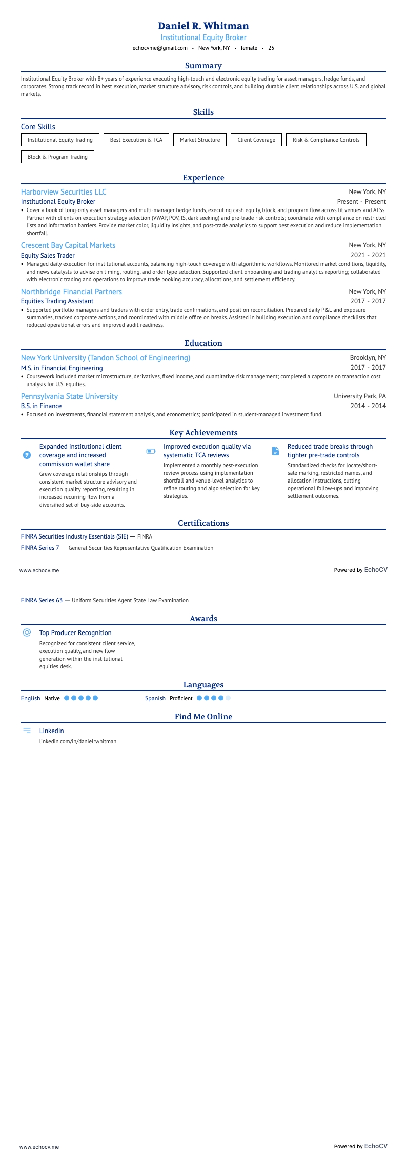 Broker de renta variable institucional example resume
