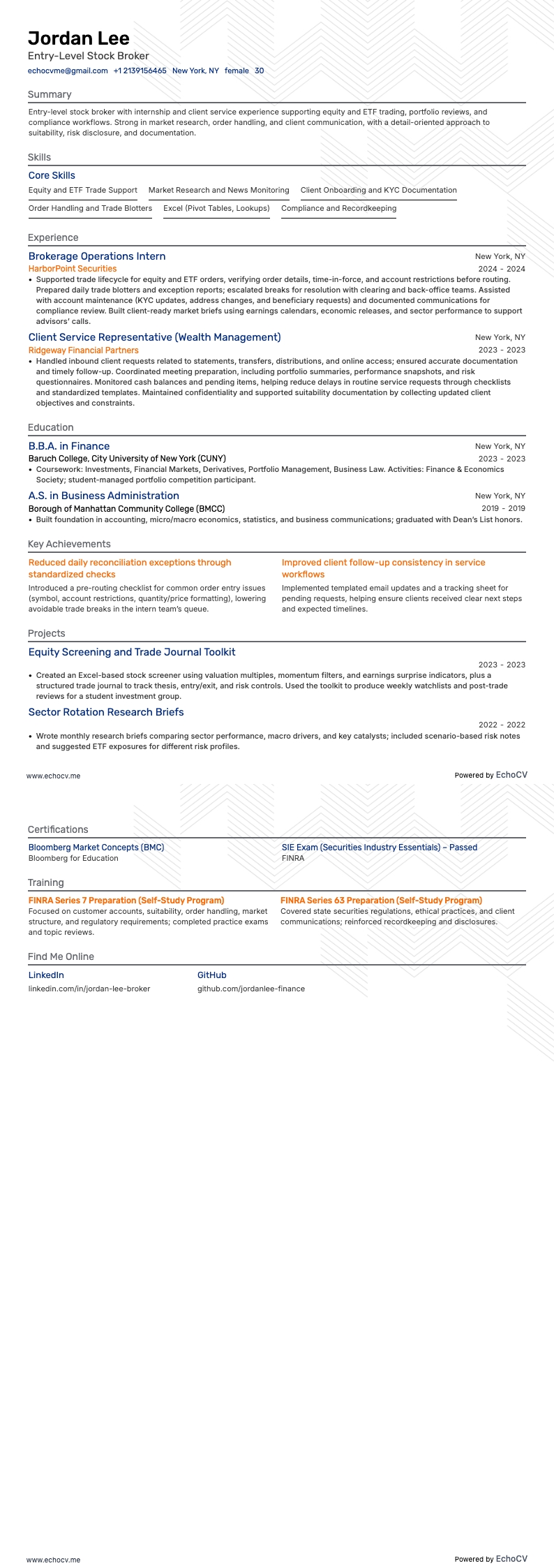 Corredor de Bolsa de nivel inicial example resume