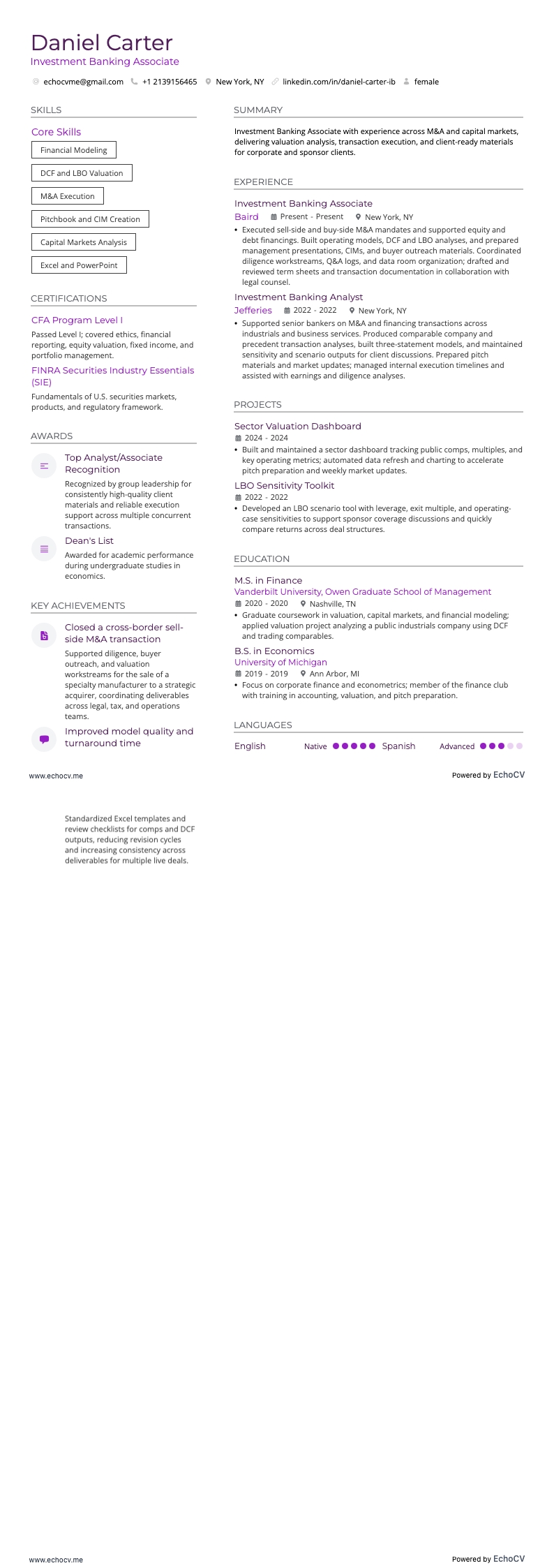 Investment Banking Associate example resume