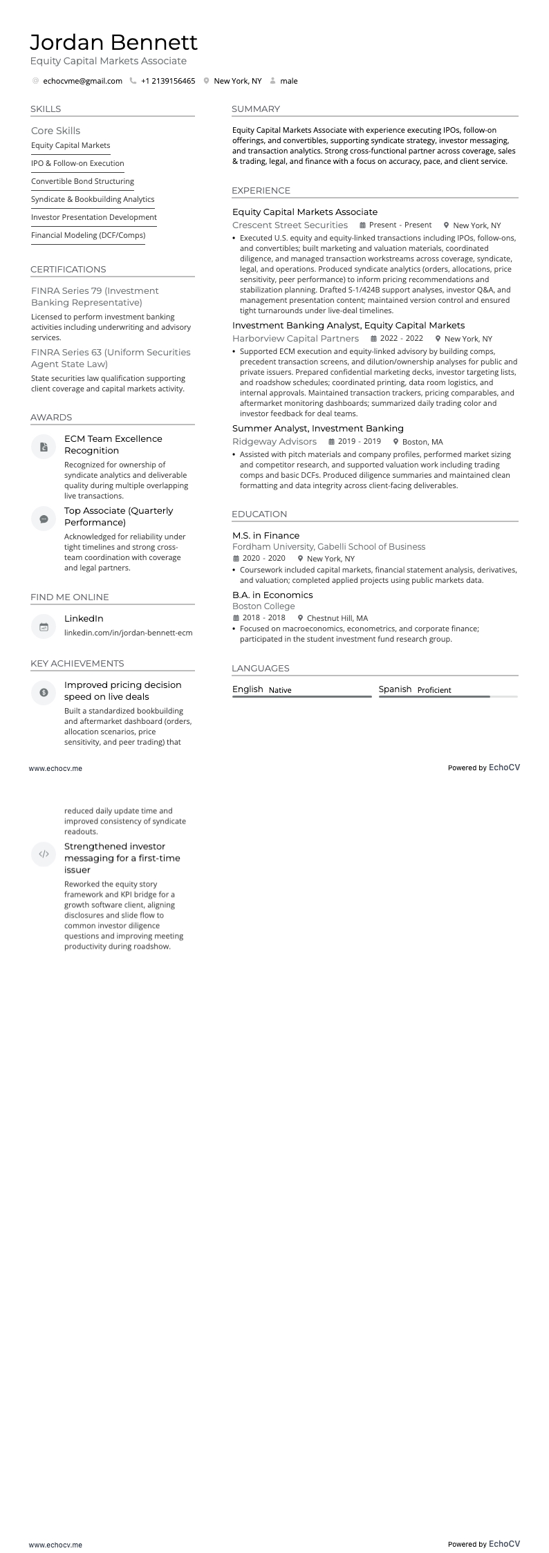 Equity Capital Markets Associate example resume