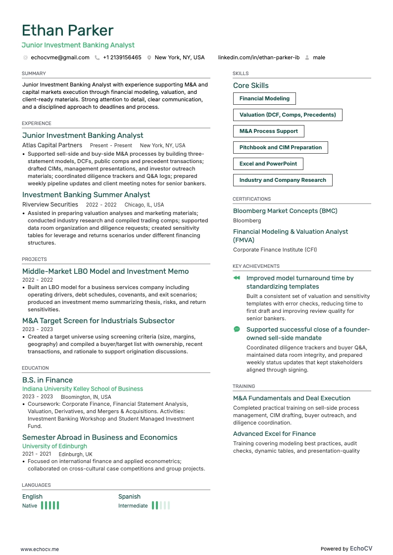 Junior Investment Banking Analyst example resume