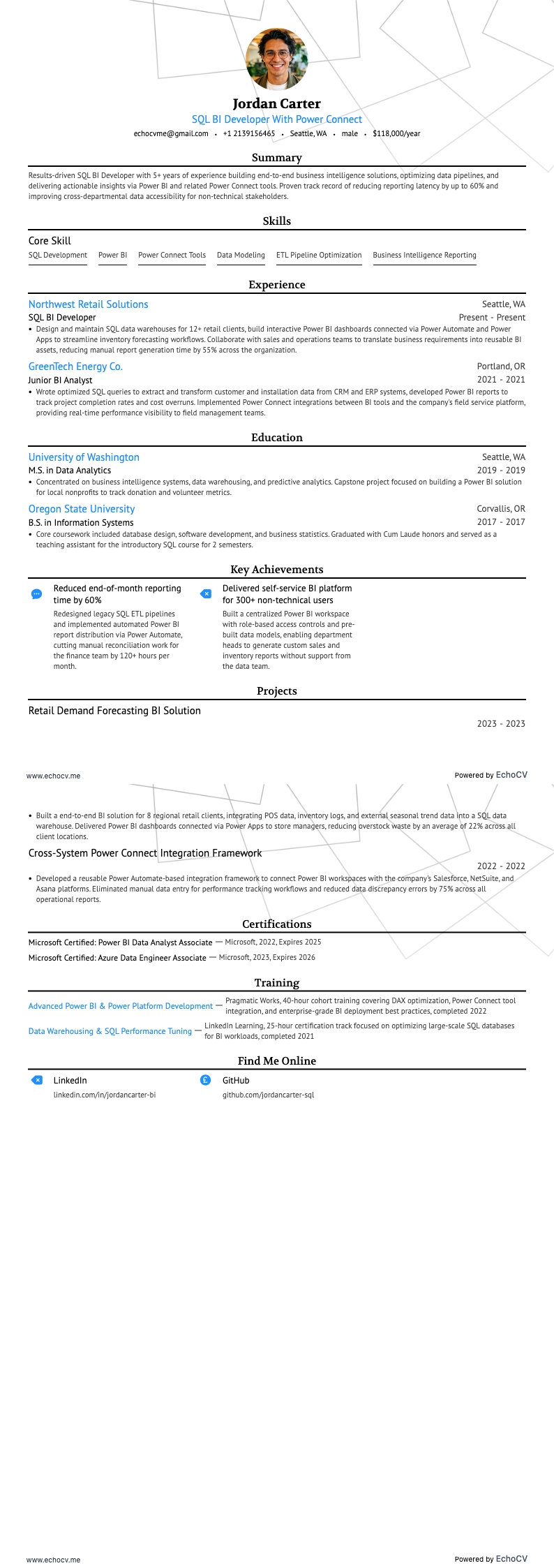 Power Connect를 사용하는 SQL BI 개발자 example resume