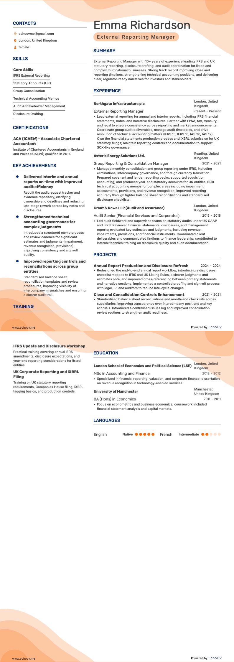 External Reporting Manager example resume