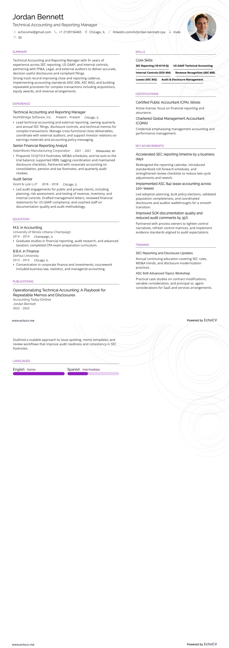 Technical Accounting and Reporting Manager example resume