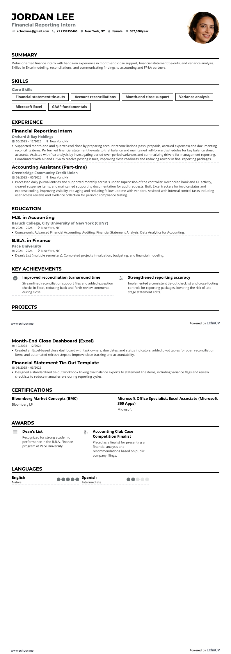 Financial Reporting Intern example resume