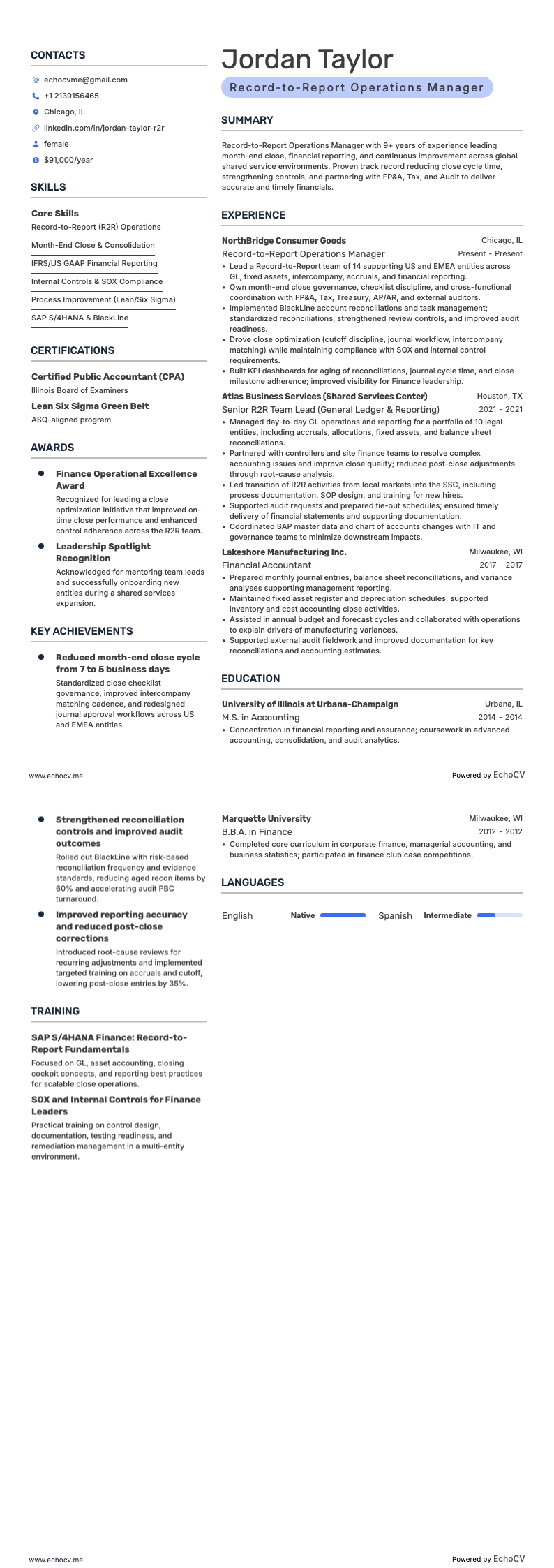 Gerente de Operaciones Record-to-Report example resume