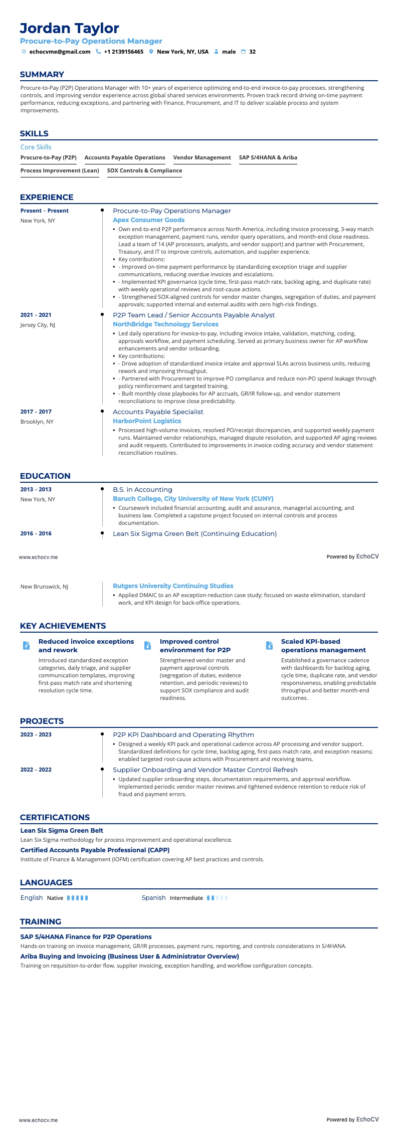 Gerente de Operaciones Procure-to-Pay example resume