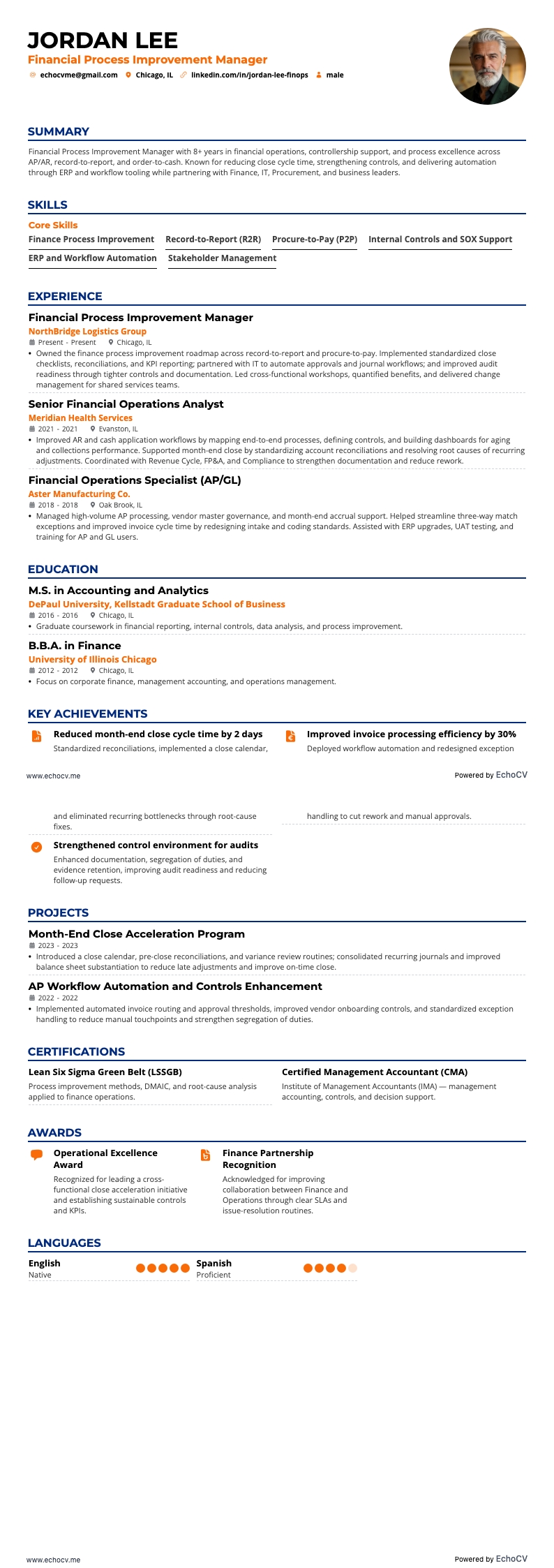 Gerente de Mejora de Procesos Financieros example resume