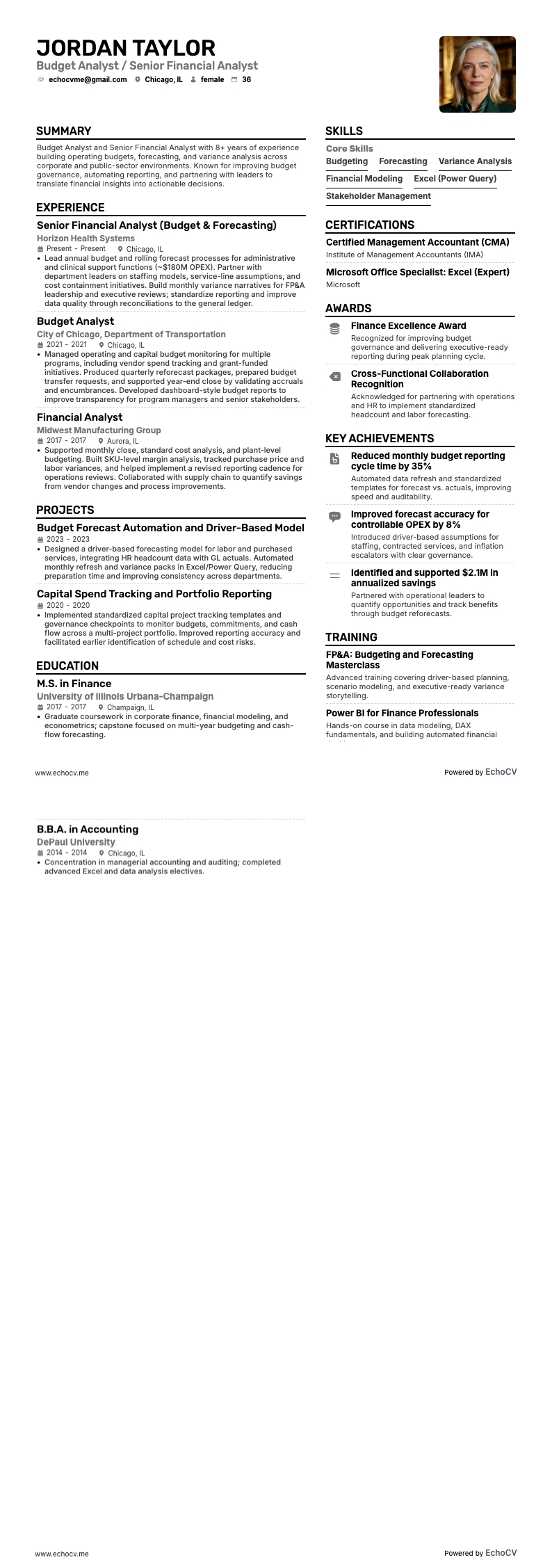 Budget Analyst example resume