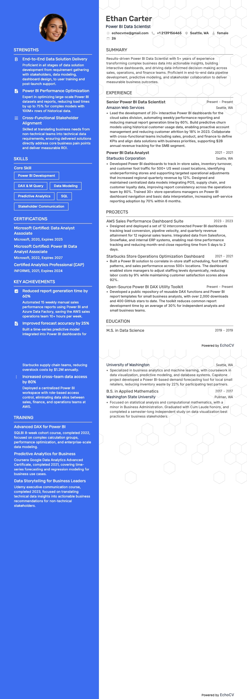 Power BI 데이터 사이언티스트 example resume