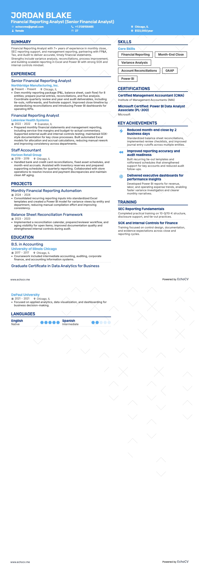 高级财务分析师 resume example