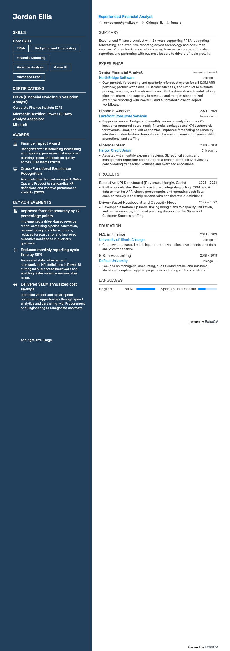Experienced Financial Analyst example resume