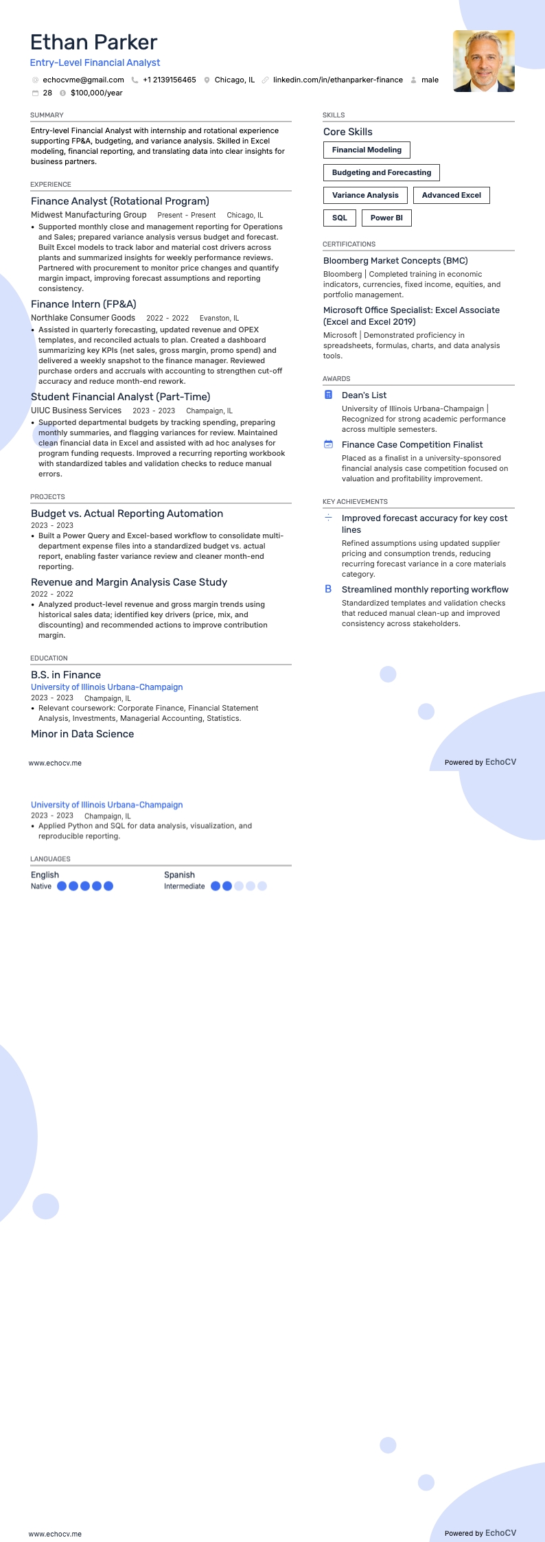 Entry-Level Financial Analyst example resume