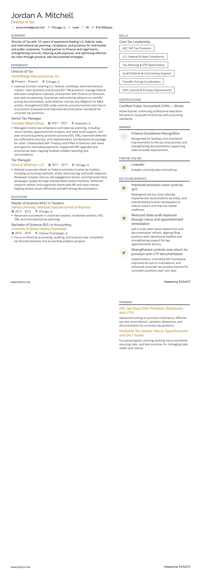 Director of Tax example resume