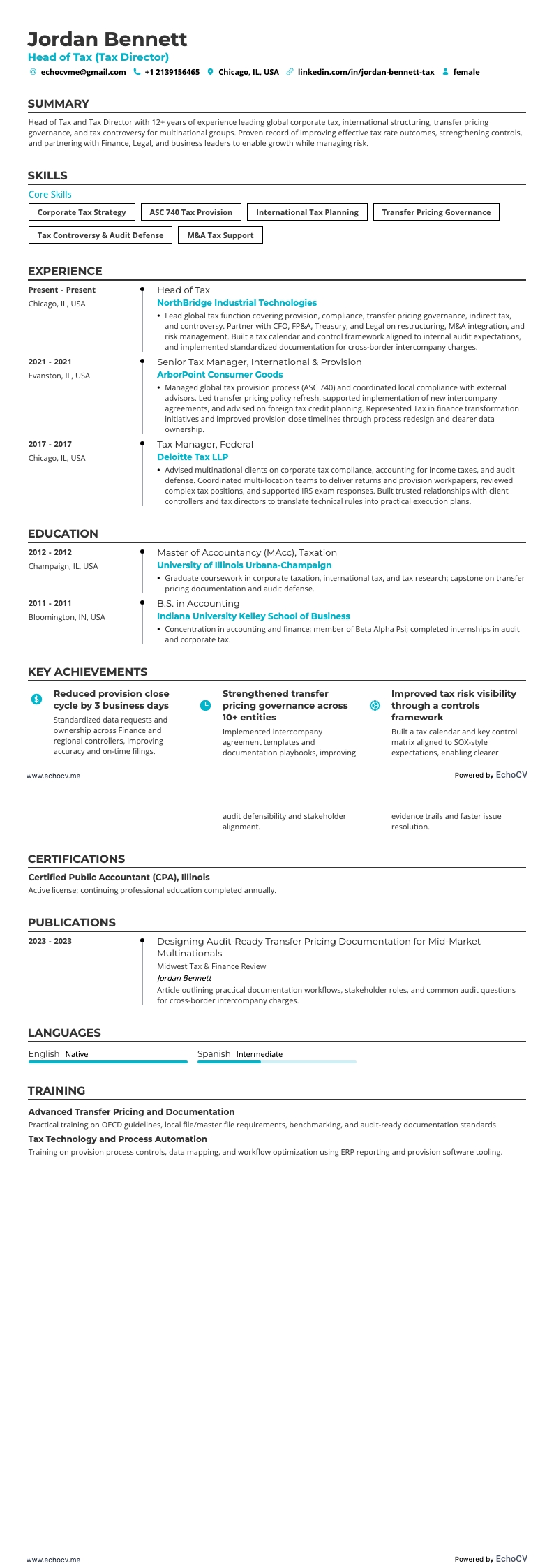 Head of Tax example resume