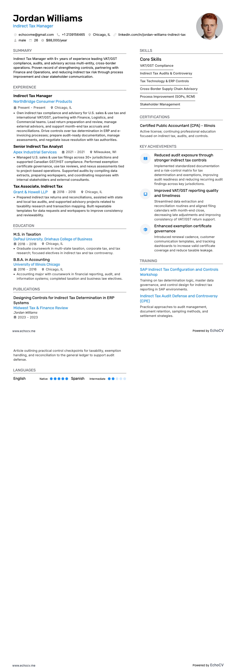 Indirect Tax Manager example resume