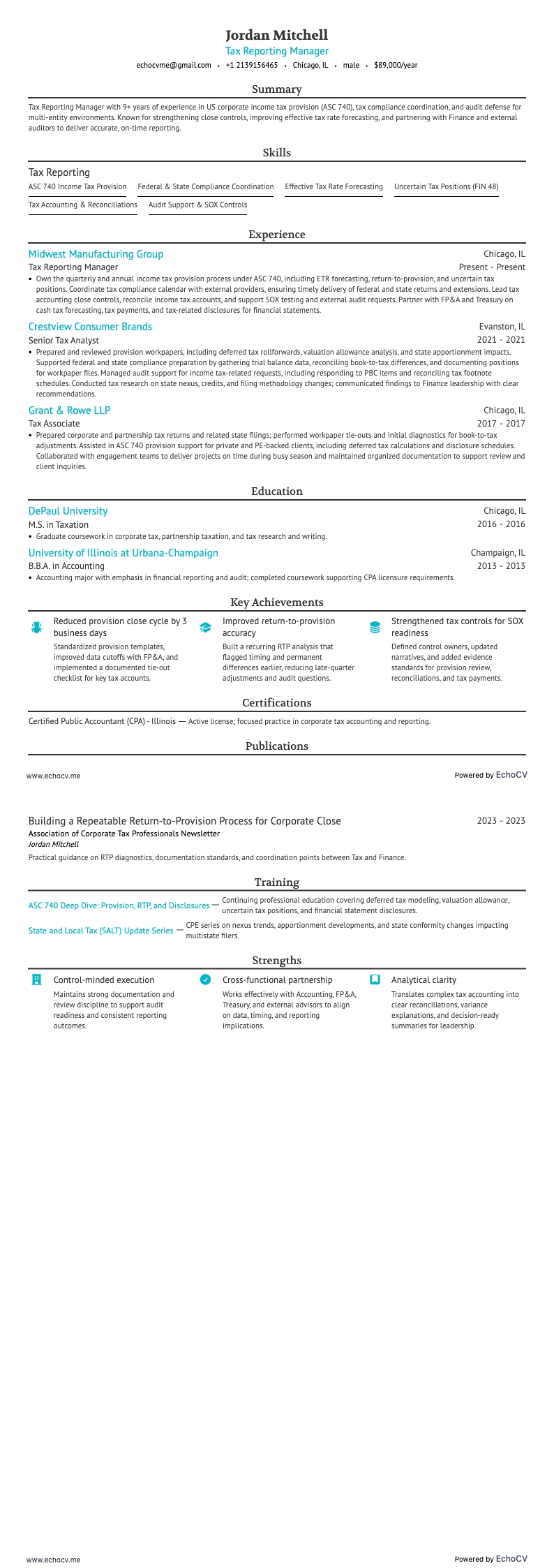 Tax Reporting Manager example resume