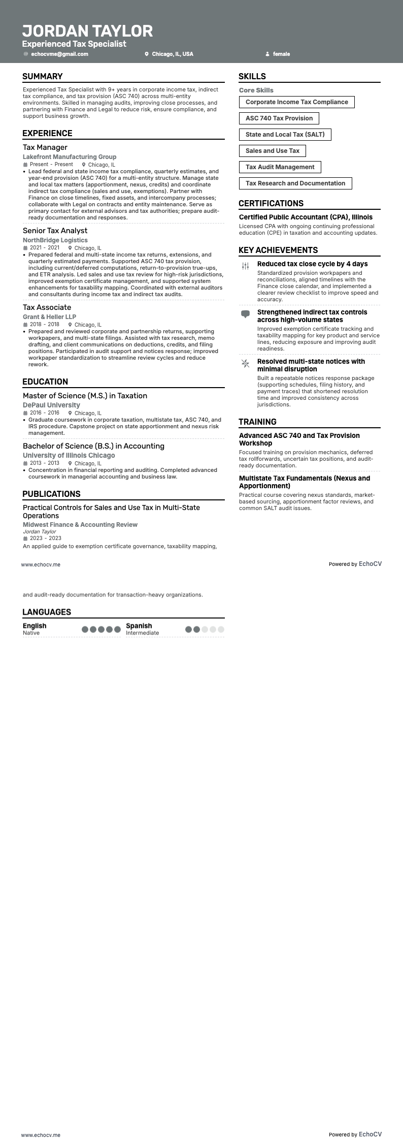Experienced Tax Specialist example resume