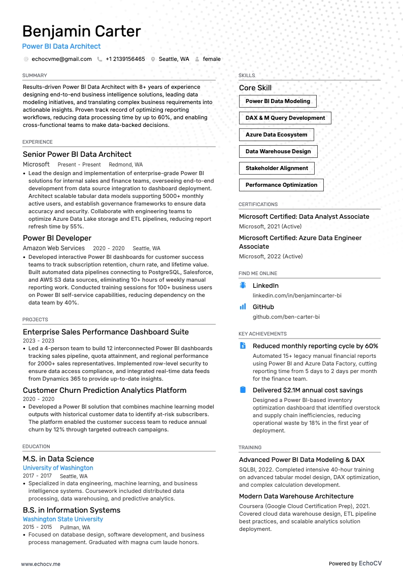 Power BI resume example