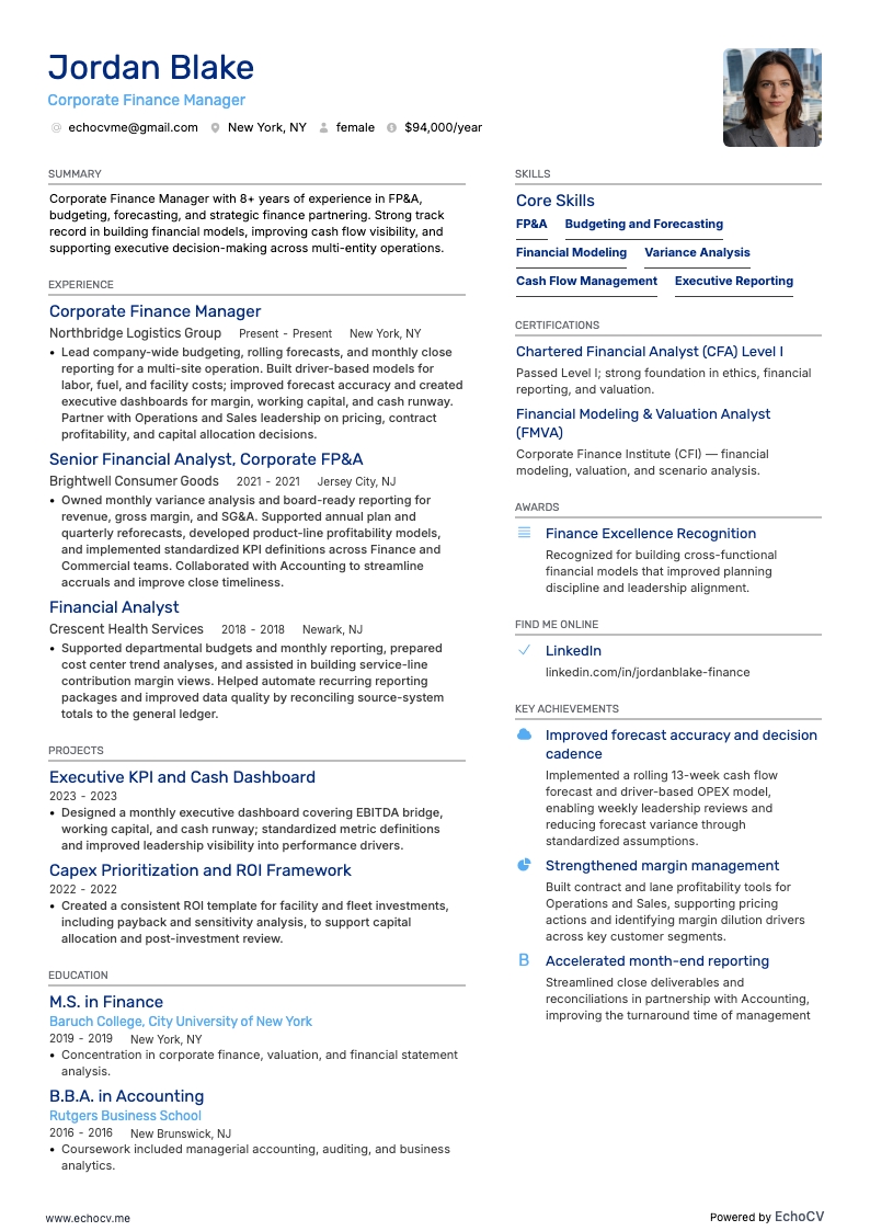 コーポレートファイナンスマネージャー resume example