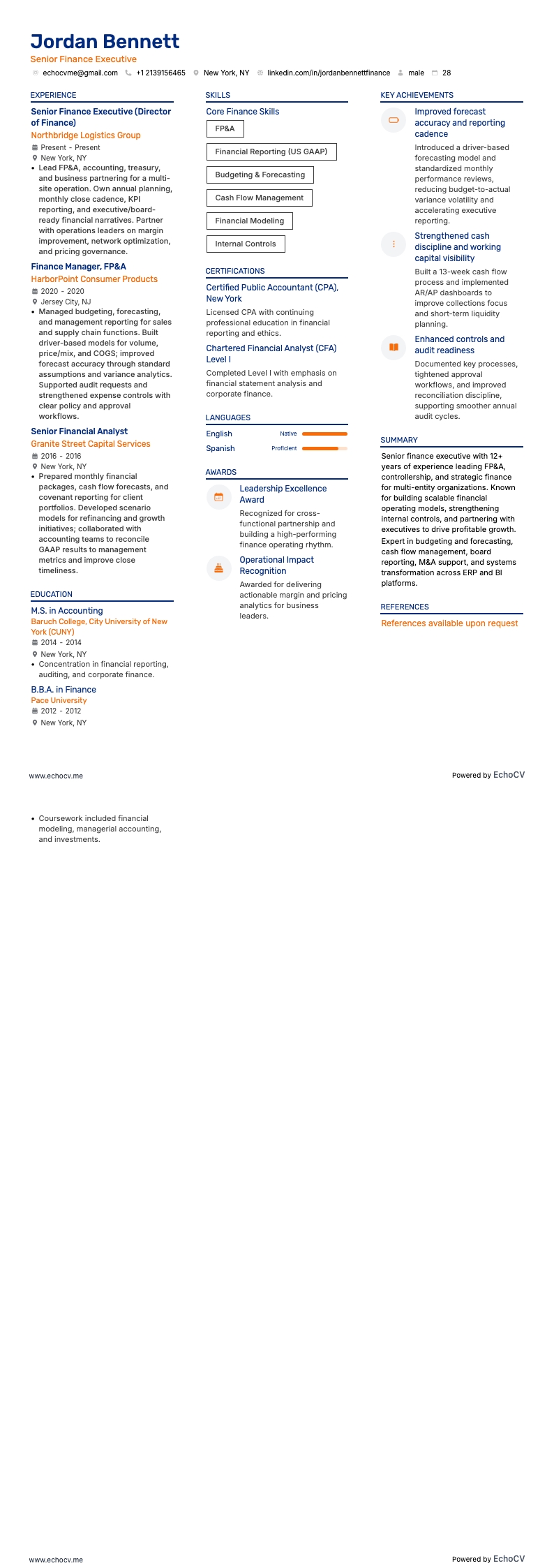 シニア財務エグゼクティブ example resume