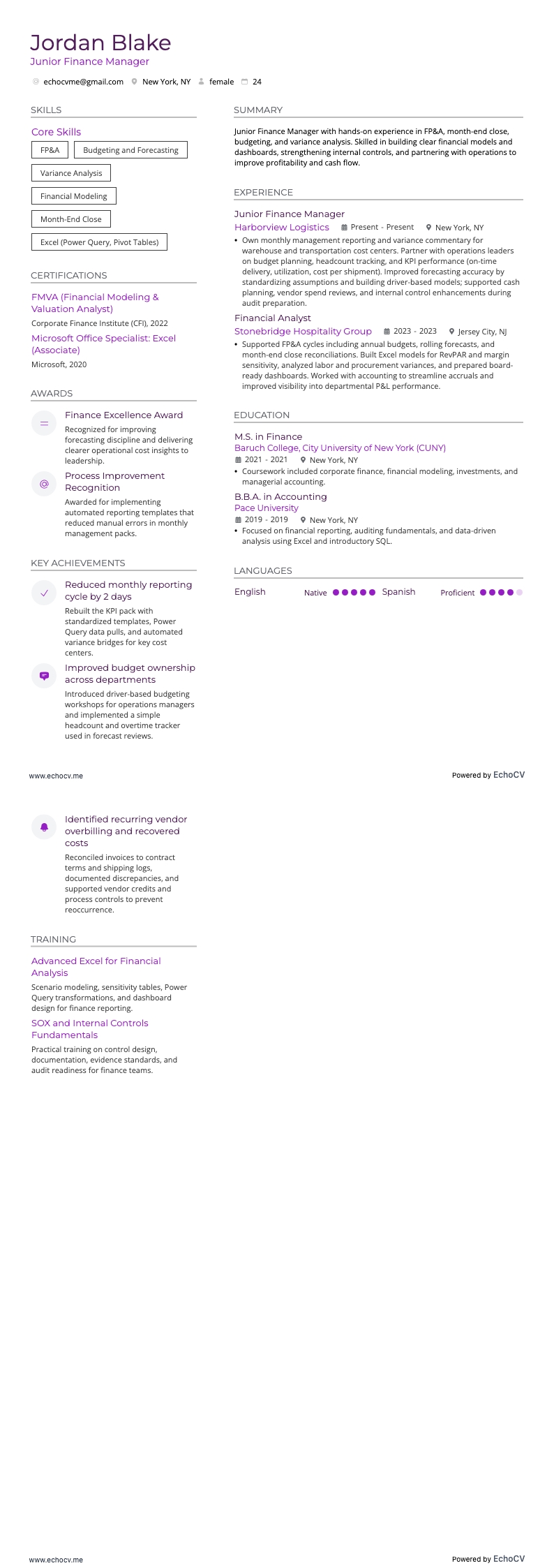 Junior Finance Manager example resume