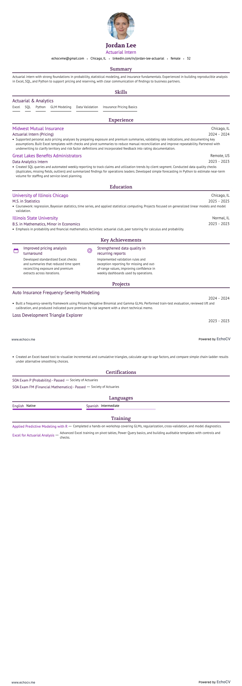 Actuarial Intern example resume