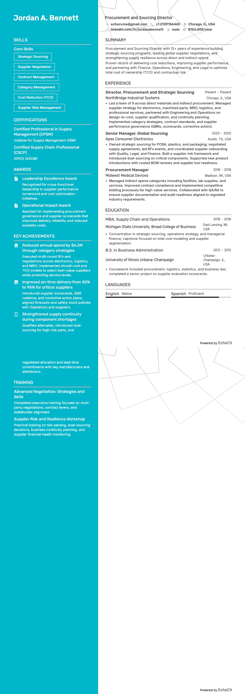 Procurement and Sourcing Director example resume