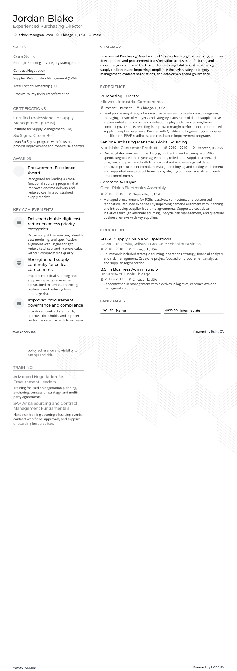 Experienced Purchasing Director example resume