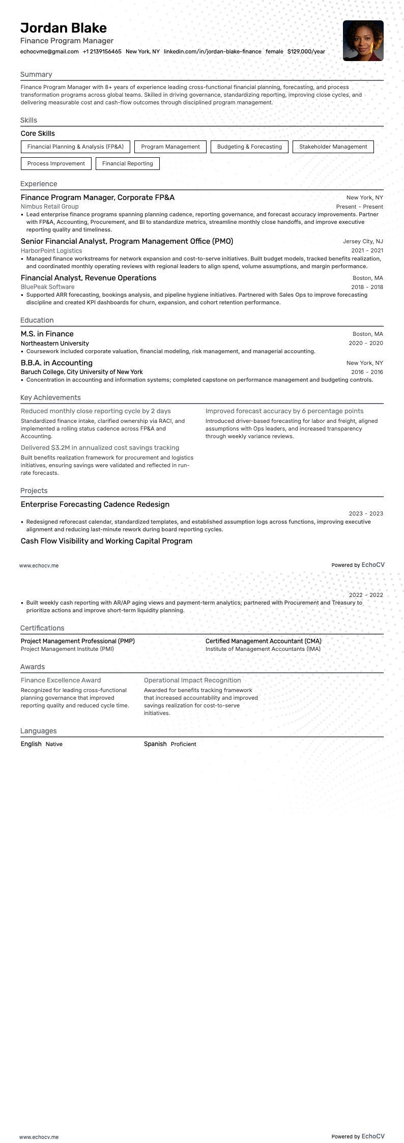 Finance Program Manager example resume